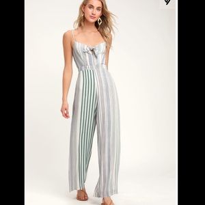 Promise Sage Green Striped Knotted Front Jumpsuit